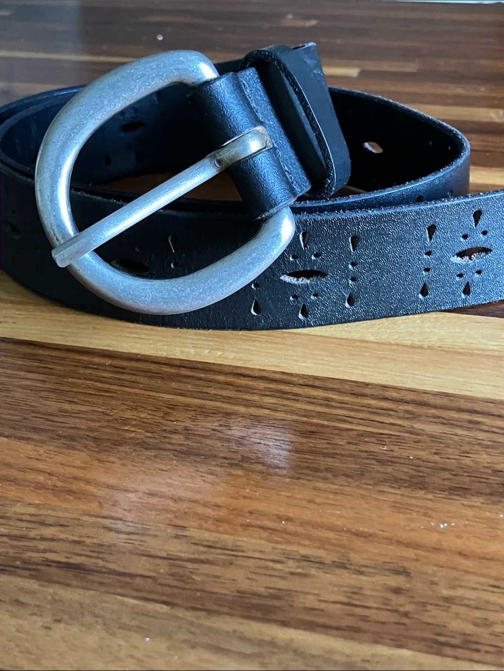 Black Leather Belt Women S/M Adjustable Cutout Design Round Buckle Boho - Picture 2 of 11